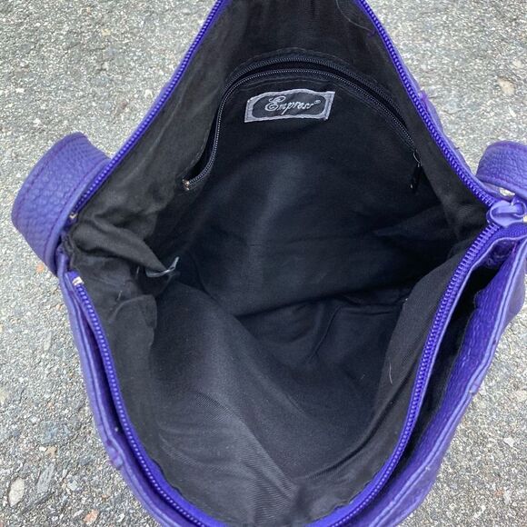 Empress, Vintage Purple Embossed Leather Shoulder Bag, Ruching & Tassel Accent - Picture 12 of 15